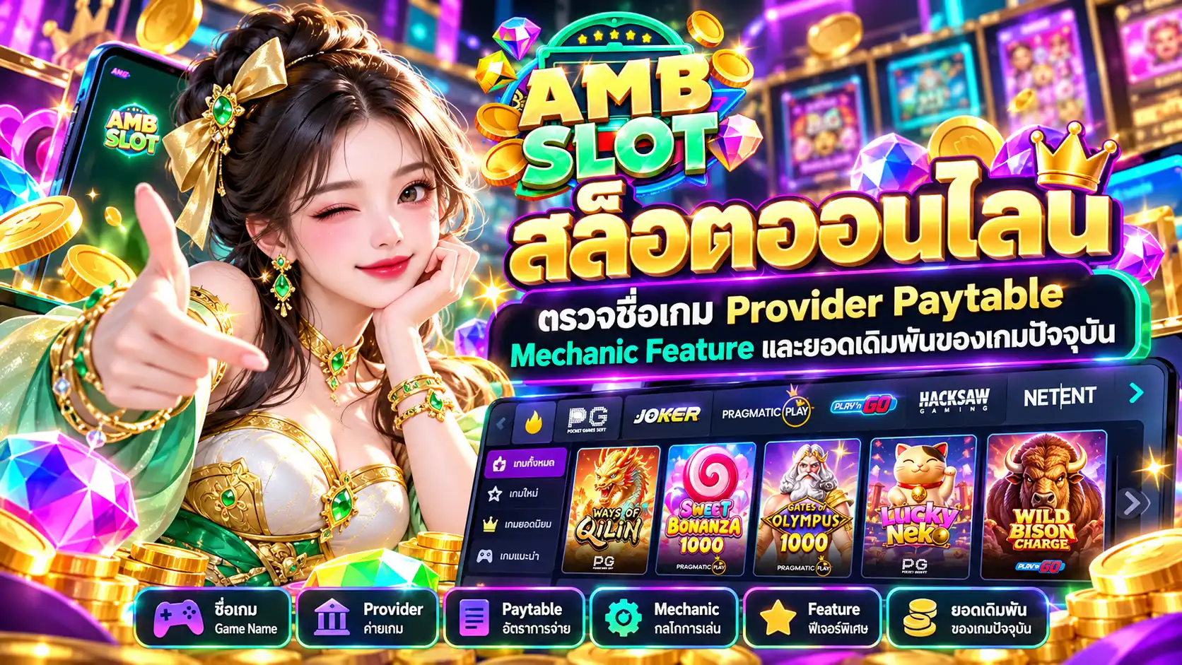 ambslot สล็อตออนไลน์ ตรวจชื่อเกม Provider Paytable Mechanic Feature และยอดเดิมพันของเกมปัจจุบัน