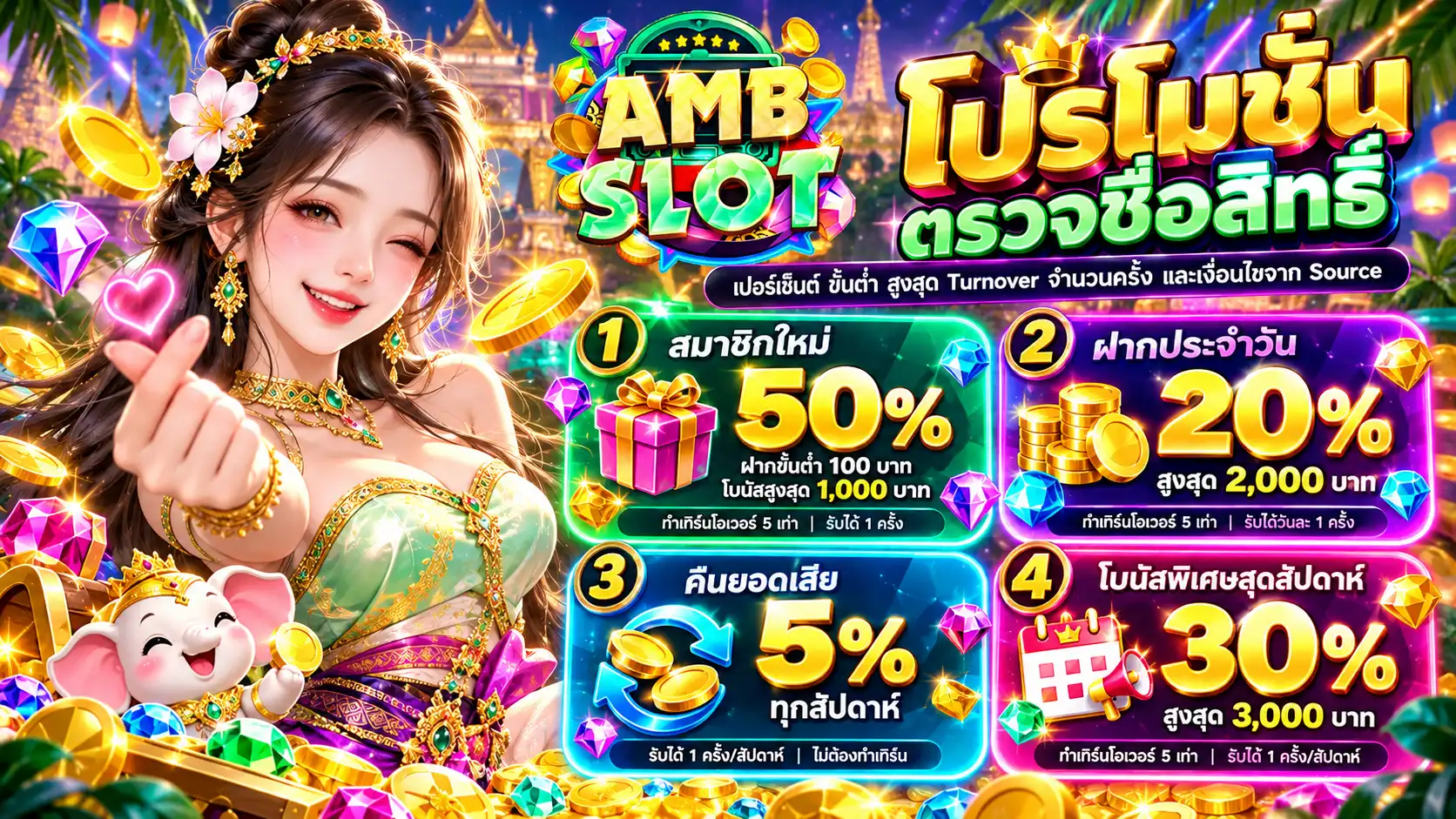 ambslot สมาชิกใหม่ 50 เปอร์เซ็นต์ ฝากประจำวัน 20 เปอร์เซ็นต์ คืนยอดเสีย 5 เปอร์เซ็นต์ และโบนัสพิเศษสุดสัปดาห์ 30 เปอร์เซ็นต์